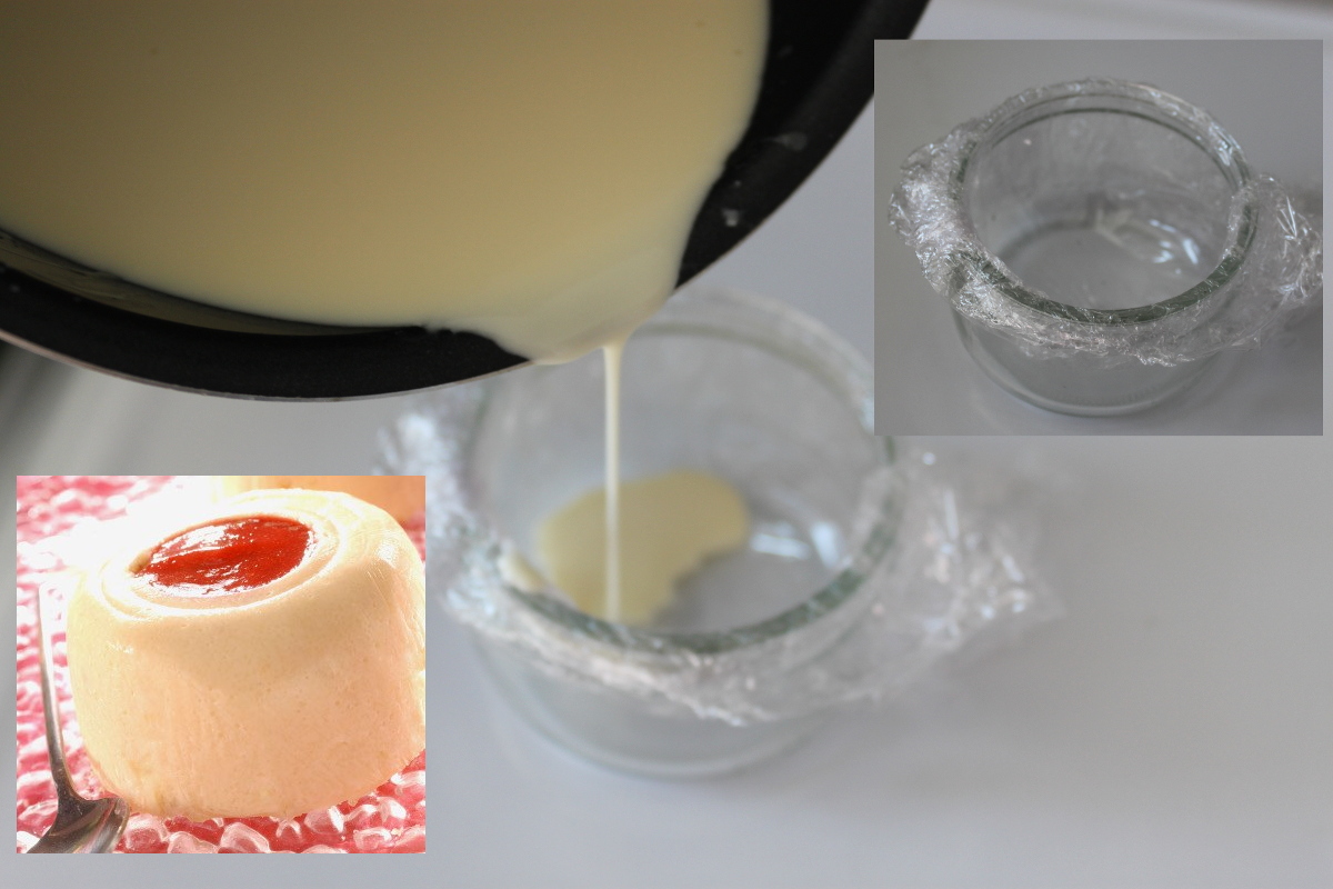 Préparation d'une panna cotta à l'aide de papier film.